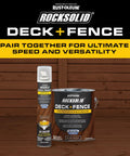 Rust-Oleum RockSolid Deck And Fence Stain with Black Walnut finish, one can and spray for wood protection.