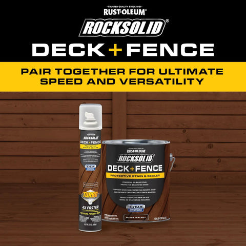 Rust-Oleum RockSolid Deck And Fence Stain with Black Walnut finish, one can and spray for wood protection.