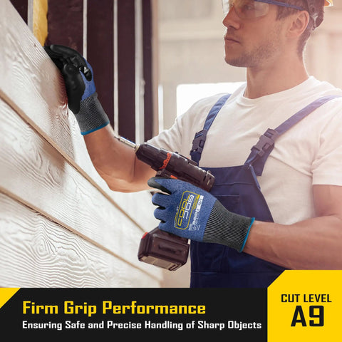 Man wearing cut-resistant safety work gloves with grip handling drill, blue nitrile coated palms, ANSI A9, large size, close-up.