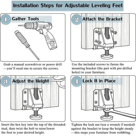 Installation steps for Heavy Duty Adjustable Leveling Feet 4 Pack Black Furniture Levelers with hex key adjustment.