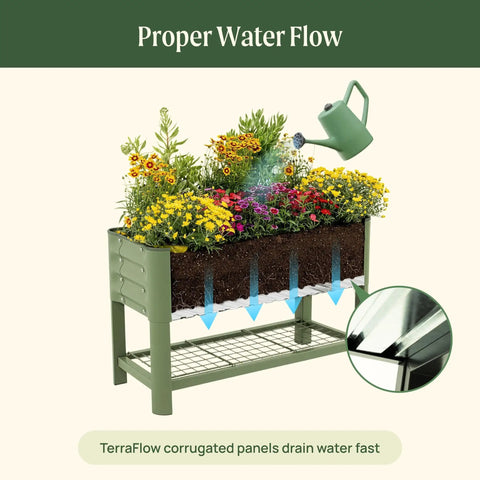 Kid Friendly Elevated Garden Bed With Legs And Storage Rack For Outdoor Use Durable Food Safe VZ Two Point Zero Steel Raised Beds For Herbs Vegetables And Flowers Easy To Fill For Little Gardeners Olive Green showcasing water flow and flowers