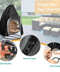 Patio Egg Chair Cover Waterproof With Zipper And Bottom Buckle For Single Seat Outdoor Wicker Swing Chair Black 75H X 45W Tough 420D Polyester Weatherproof Protector shown with quick buckles and durable zipper