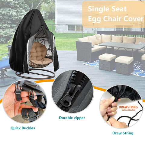 Patio Egg Chair Cover Waterproof With Zipper And Bottom Buckle For Single Seat Outdoor Wicker Swing Chair Black 75H X 45W Tough 420D Polyester Weatherproof Protector shown with quick buckles and durable zipper