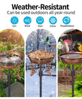 40 Inch Metal Bird Bath With Removable 13 Inch Diameter Bowl And 3 Inch Deep Reservoir, shown in different weather conditions