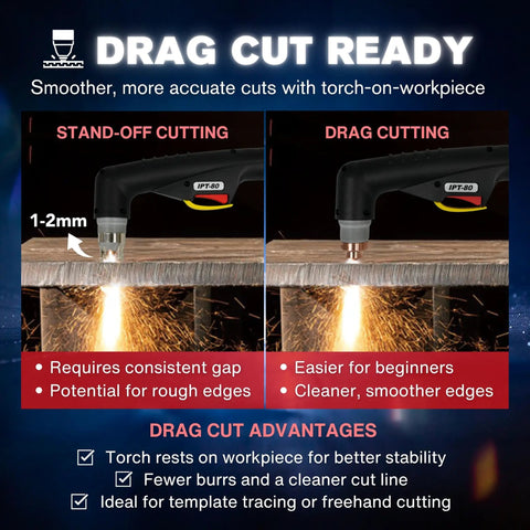 Comparison of stand-off and drag cutting with IPT-80 torch for APEX DC8502 Drag-Cut Shield Set for LTP8500 Plasma Cutter Replacement Kit.