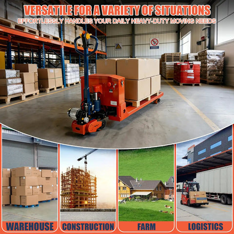Ultra Heavy Duty Electric Pallet Jack Truck With Massive 17600 Lb Capacity Rock Solid Steel Frame And Lithium Battery Power For Warehouse Work, moving boxes in a spacious warehouse.
