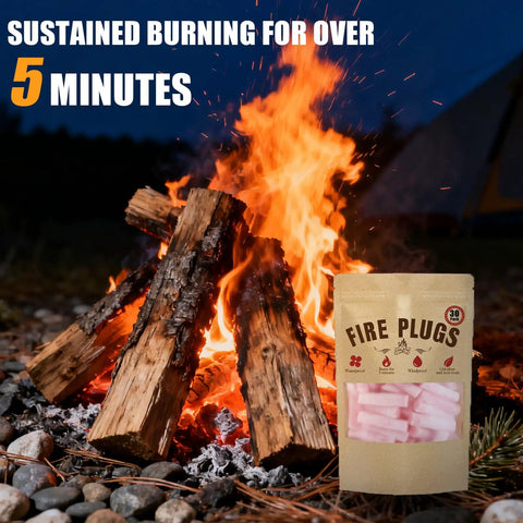 Waterproof Fire Starters 30 Pack With Five Minute Burn for camping, showing fire plugs next to a campfire at night.