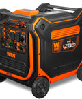 Rock Solid 13000 Watt Tri Fuel Inverter Generator Delivers Hella Smooth Power With A Peppy 550Cc Motor side view with control panel and wheels.