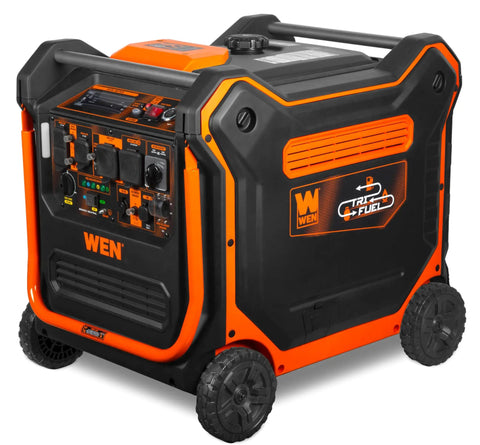 Rock Solid 13000 Watt Tri Fuel Inverter Generator Delivers Hella Smooth Power With A Peppy 550Cc Motor side view with control panel and wheels.