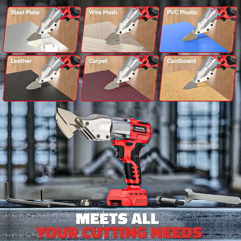 Cordless Sheet Metal Cutter Nibbler With 221 Foot Pounds Of Torque Cuts 18 Gauge Steel Smoothly; shows versatility with different materials.