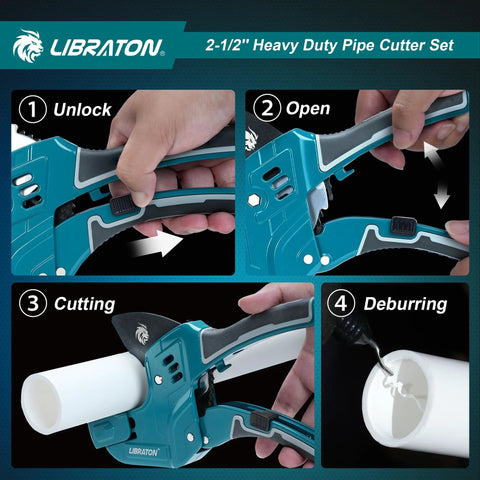 Libraton 2-1/2 in heavy-duty pipe cutter for PVC/PEX with deburring tool; teal ratchet cutter shown in four-step use