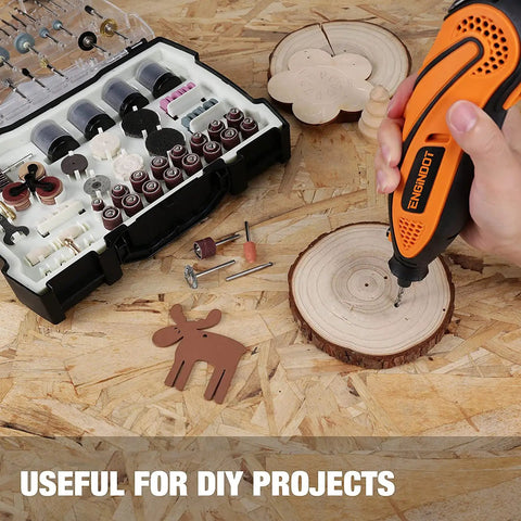 Person using rotary tool on wood, alongside Rotary Tool Accessories Kit Do-It-All 361 Pieces One Eighth Inch Shanks.
