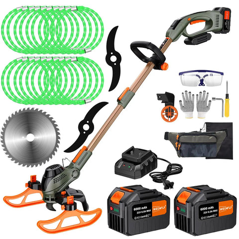 Cordless 13 Inch String Trimmer Weed Wacker with 2 x 21V 6.0Ah Batteries and Charger 4 In 1 Trimmer Edger Lawn Mower Brush Cutter Electric Grass Cutter 15000 RPM Motor 3 Cutting Methods, with accessories and charger