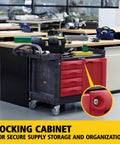 Industrial Tool Storage Cart With Four Drawers And Bright Red Locking Cabinet, Black Finish, 750 Lb Capacity in workshop setting.