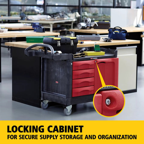 Industrial Tool Storage Cart With Four Drawers And Bright Red Locking Cabinet, Black Finish, 750 Lb Capacity in workshop setting.