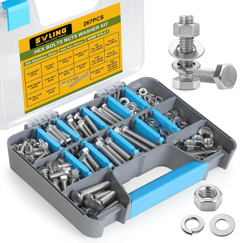 267 Piece Hex Bolts And Nuts Assortment Kit With Washers SAE Fasteners In One Quarter Twenty, Five Sixteenths Eighteen, Three Eighths Sixteen Sizes Fully Threaded 304 Stainless Steel Nut Bolt Washer Set For DIYers Auto And Home Repairs