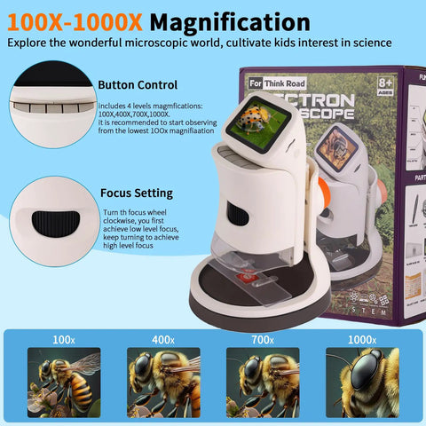 Kid Friendly Digital Microscope With Four Magnification Levels 100x, 400x, 700x, 1000x, 1080P 2 Inch HD Screen, Photo And Video Capture, USB Rechargeable, Ideal Science Toy For Curious Kids Aged 8 To 12, white handheld microscope