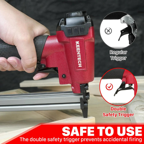 Close-up of Rock Solid Pneumatic Staple Gun For Carpentry And DIY Projects Smooth Shooting 22 Gauge Air Powered Crown Nailer with double safety trigger.
