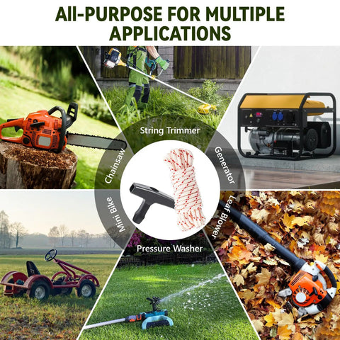 Image highlighting uses for 3 Pack 10 Ft Pull Cord Rope With Handle 9/64 Inch 3.5mm Premium Starter Rope for various outdoor machines.