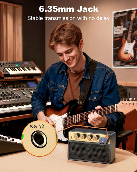 Musician playing guitar with Portable 10W Electric Guitar Amplifier With Clean Drive Channel Pure Analog Tone USB C Rechargeable Bluetooth