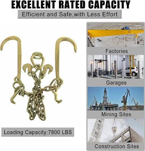 Three Eighths Inch Steel Towing Chain Bridle With 2 Ft Length, V Type Tow Chain, 15 Inch J Hooks, 2 Inch Legs, 7800 Lbs Capacity