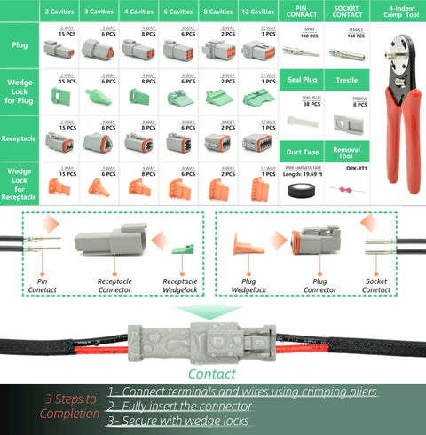 DT Deutsch Connector Kit 482 Piece Waterproof Automotive Electrical Connectors Set With 2 3 4 6 8 12 Pin Options Includes Crimping Tool Removal Tool and 16 Gauge Solid Contacts For Boat Motorcycle Truck RV Lights And More components layout and crimping process.