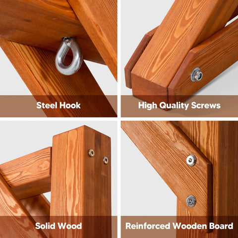 Close-up of Heavy Duty Wooden Swing Frame For Outdoors With 800 Lb Capacity details showing steel hook, screws, and solid wood.