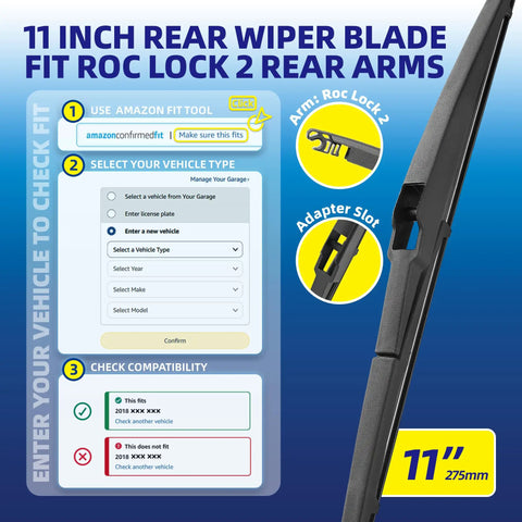 Image showing 11 Inch Rear Windshield Wiper Blade fit Roc Lock 2 with adapter slot for easy vehicle compatibility check.
