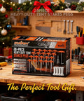 Box of 26-piece heavy-duty tent stakes pegs on a festive decorated table with tools in a workshop