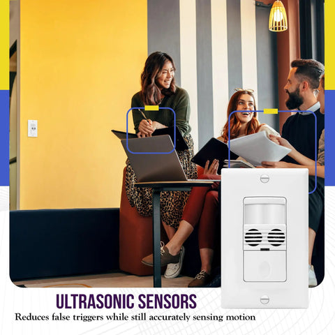 Dual Technology Motion Sensor Light Switch MWOSW with PIR and ultrasonic sensing in a room with three people.