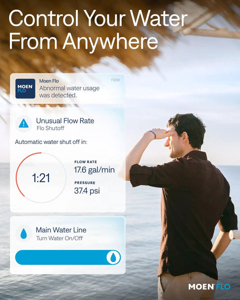 Flo Shutoff Automatic Water Leak Detector And Main Line Shutoff For One Inch Pipes, whole-home leak monitoring app alert screen with water shutoff controls