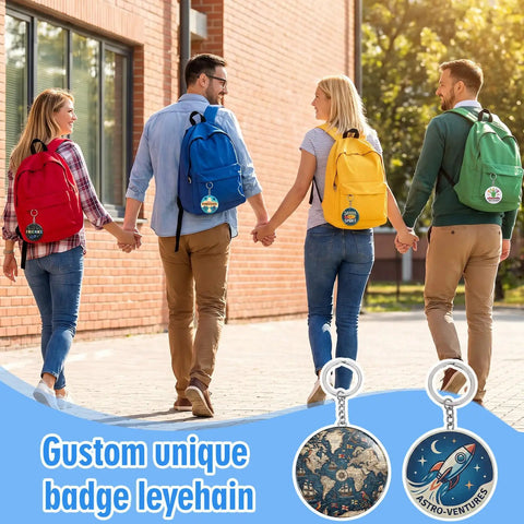 Group of people holding hands with backpacks, each displaying a badge from the 100 Sets Button Maker Kit With 58mm Shells And 1.98 Inch Keychain Rings