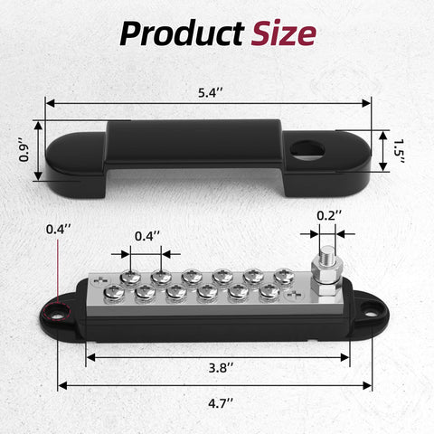 Marine Grade 12 Volt Bus Bar Power Distribution Block With One Quarter Inch Stud And Twelve Terminal Screws For Boat RV Automotive And Solar Applications Beefy Heavy Duty 150 Amp DC Grounding Hub, top and side dimensions visible
