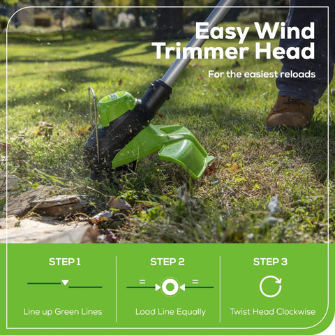 No Hassle 60V Cordless String Trimmer And 540 CFM Air Blower Yard Work Combo Set Featuring 13 Inch Dual Line Bump Head in use.