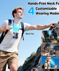 Man hiking with wearable belt fan, displaying four wearing modes including neck and waist clip; hands-free cooling option.