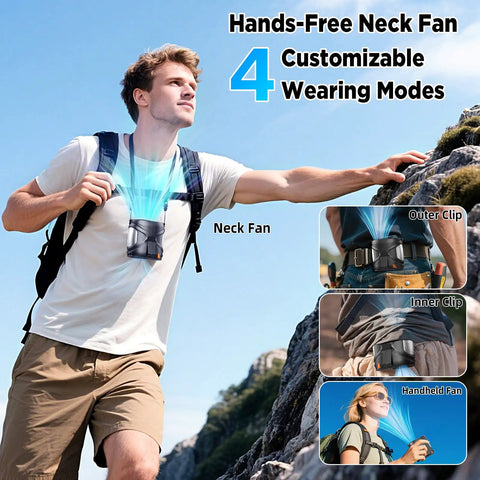 Man hiking with wearable belt fan, displaying four wearing modes including neck and waist clip; hands-free cooling option.