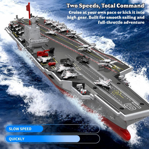 16 Inch RC Warship Boat With Real Water Spray, 15 MPH Dual Motor Aircraft Carrier Battleship showing deck details on water