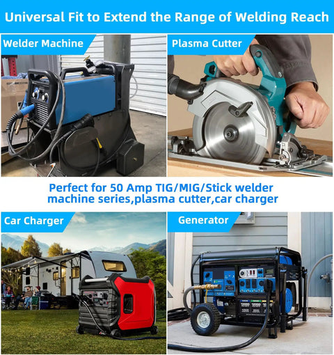 Heavy Duty 50 Amp Welder Extension Cord Built To Handle The Tough Welds With Six Gauge Three Conductor SOOW Cable 250 Volt NEMA Six Fifty Power Extension Cord For Welder MIG TIG Stick Plasma Cutter Generator And EV Charger Twenty Five Foot with various welding machines and tools