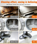 Pressurized Handheld Steam Cleaner Knocking Out Grease And Grime Like A Boss For Your Whole House Chemical Free Cleanup Stays Gentle On Pets And Toddlers Includes Ten Piece Accessory Kit For Cars Couches Grout Tile And Wood Floors before and after cleaning images showing tough grime removal.