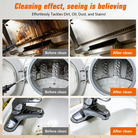Pressurized Handheld Steam Cleaner Knocking Out Grease And Grime Like A Boss For Your Whole House Chemical Free Cleanup Stays Gentle On Pets And Toddlers Includes Ten Piece Accessory Kit For Cars Couches Grout Tile And Wood Floors before and after cleaning images showing tough grime removal.