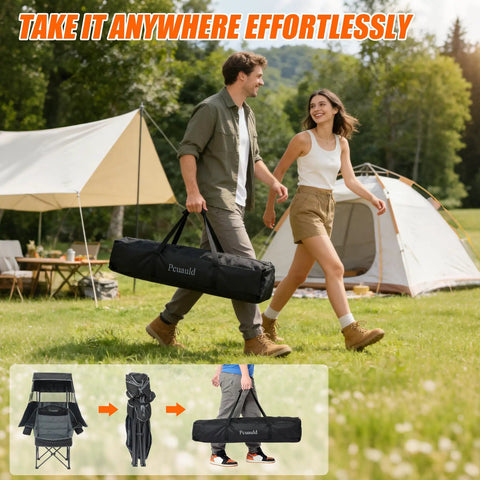 Two people carrying Heavy Duty Camping Chair With Canopy Shade And Umbrella Cup Holder in a portable bag through a campsite