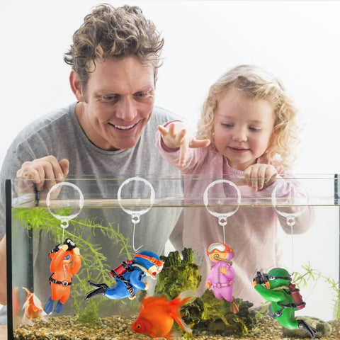 4 Pack Floating Diver Fish Tank Decorations Cute Lil Diver Cartoon Playmate With Floating Device For Aquariums Adorbs Fish Tank Accessories For Small Tanks in use in a small aquarium.