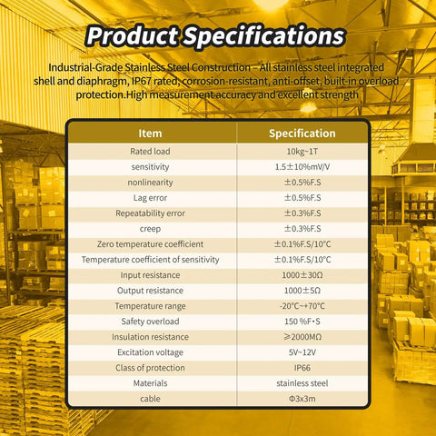 Product specifications chart for Compact Flush Diaphragm Button Load Cell Stainless Steel IP66 Compression Sensor For OEM Space Constrained Setups 10 To 500 Kg Range 0.5 Percent FS Ideal For Collaborative Robots End Of Arm Tooling And Servo Press Monitoring
