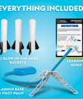 Air Rocket Launcher Kit With Glow In The Dark Foam Rockets Up To 100 Feet Kid Powered Outdoor STEM Toy, includes base and guide.