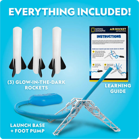 Air Rocket Launcher Kit With Glow In The Dark Foam Rockets Up To 100 Feet Kid Powered Outdoor STEM Toy, includes base and guide.
