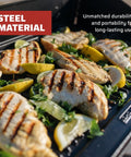 Grilled chicken and lemons on Preseasoned Cast Iron Griddle Reversible Flat And Ribbed Sides For Even Heat Distribution