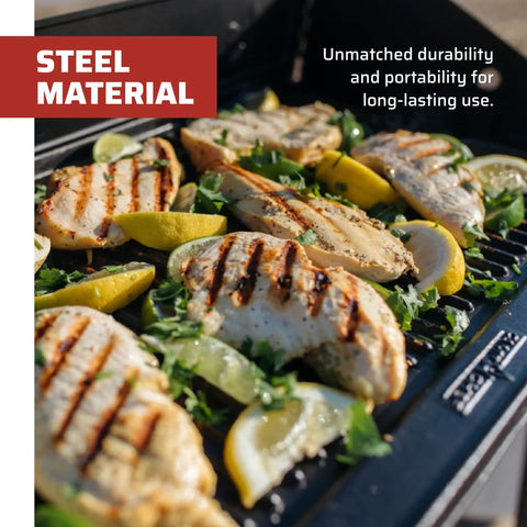 Grilled chicken and lemons on Preseasoned Cast Iron Griddle Reversible Flat And Ribbed Sides For Even Heat Distribution