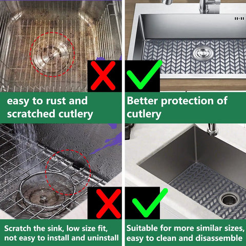 Comparison of sinks showing benefits of using Heat Resistant Silicone Sink Protector Mat for Stainless Steel Sinks 28.4 by 15.2 Inches.