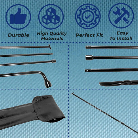 Spare Tire Tool Kit With Jack Handle And Lug Wrench For SUVs And Trucks Heavy Duty Steel With Carrying Case, multiple tools shown.