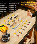 Cordless Wood Router Tool With 800W Brushless Motor Up To 30,000 RPM 6 Speed Settings Precise Depth Adjustment displayed with accessories on table